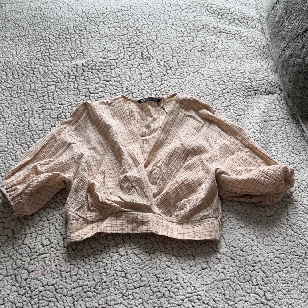 Zara Beige and Red Checkered Blouse